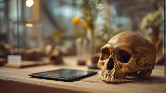 Ancient hominin skull fragment laid beside modern digital tablet displaying genetic sequencing data in university laboratory with botanical specimens, perfect for evolutionary anthropology, heritage