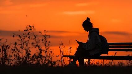 Obraz premium Solitary silhouette on a bench, focused on phone against a vibrant orange sunset, capturing serene