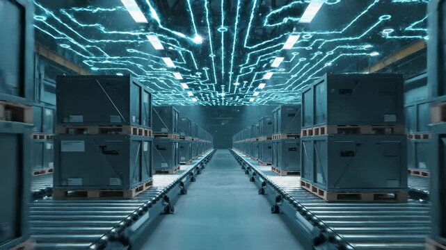 Industrial warehouse interior with stacked gray shipping crates on wooden pallets, illuminated by overhead lights and digital circuit patterns on the ceiling