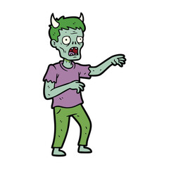 Fototapeta premium A cartoon illustration of a green-skinned zombie with small horns, wearing a torn purple shirt and green pants, with one arm outstretched