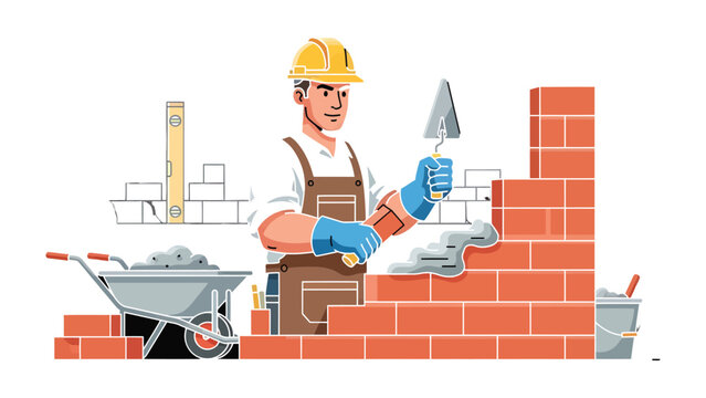 Builder's Craft: A skilled builder meticulously constructs a brick wall, showcasing precision and craftsmanship in their work, surrounded by tools of their trade.