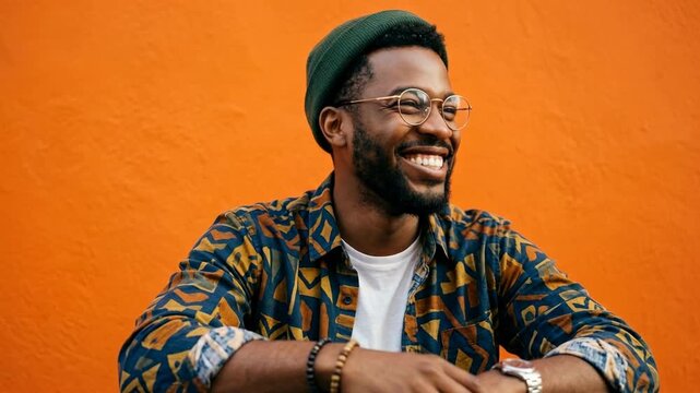 Happy stylish young black man with beard and glasses wearing green beanie and patterned shirt smiling against orange wall