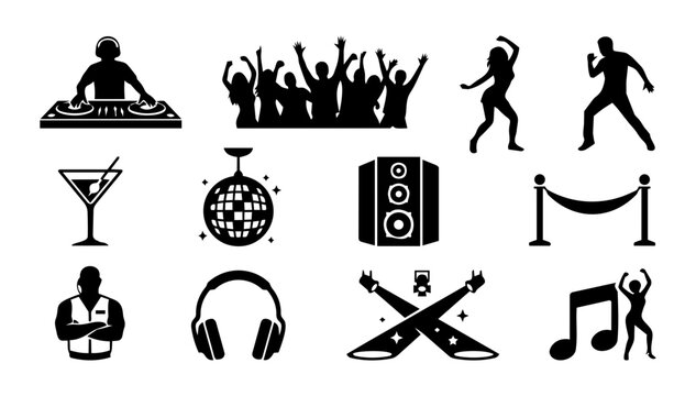 Nightclub Silhouette Icons Set &ndash; DJ, Dancing Crowd, Disco Ball, Party and Nightlife Collection