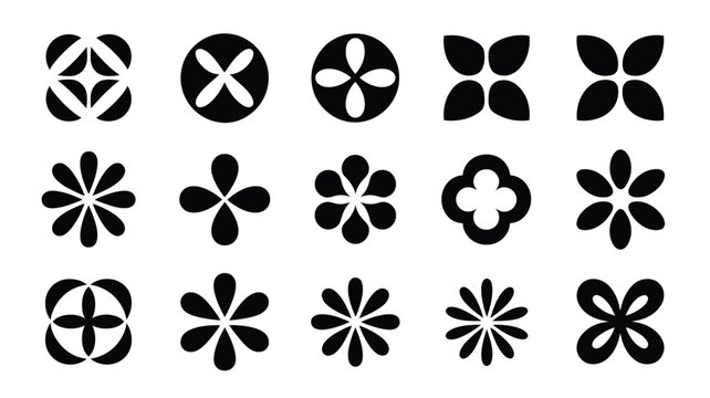 Collection of 16 abstract logo silhouettes geometric flower shapes and circular designs in black on white background for branding and design projects