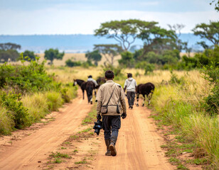 Fototapeta premium Captured from behind, a photographer walks a dusty savanna path toward horses. This evocative scene represents adventure and exploration, perfect for travel blogs and nature journals.