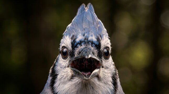 Blue jay bird close up with wide eyes expression meme style wildlife portrait