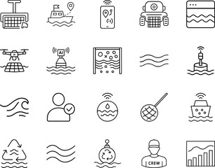 Smart ocean marine technology line icon set drone buoy AUV boat waves © Samim shop