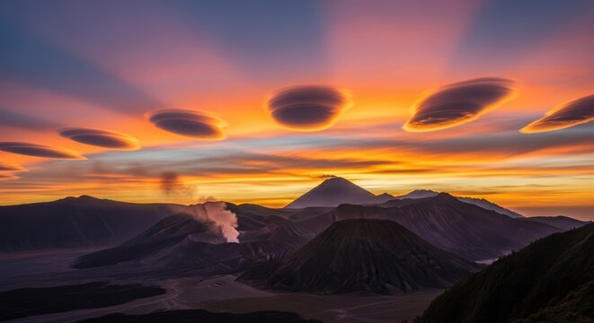 Dramatic Lenticular Clouds and Crepuscular Rays over Mount Bromo Sunrise Eruption