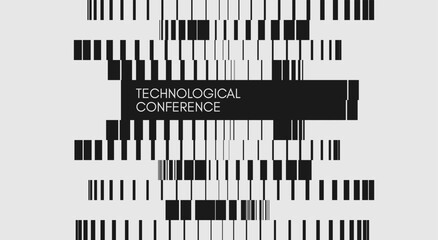 Naklejka premium Technologycal conference event. Black and white image of multiple lines of different thicknesses with transition and shift effect. Dynamics for brochure, poster, cover, card, presentation or banner.