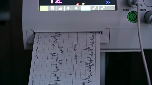 Fetal heart rate monitor printout with graph and medical equipment