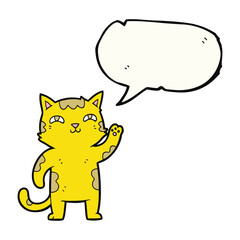 A cartoon illustration of a friendly yellow cat with brown markings waving, accompanied by a blank speech bubble © Zexo