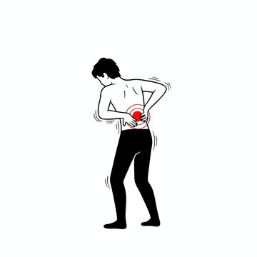 Man clutching lower back in severe pain with red target indicator illustration vector.