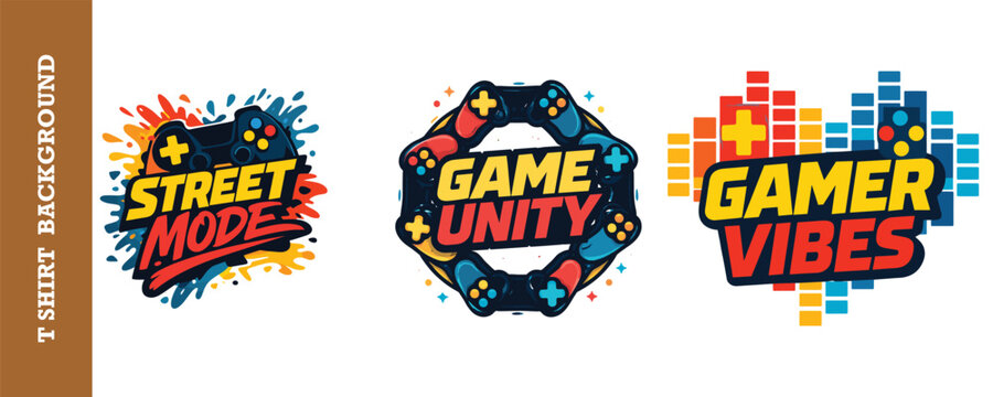 Gamer controller logos for street mode game unity and gamer vibes apparel design concepts.