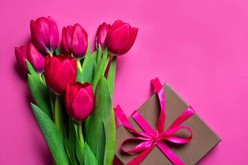 Purple tulips and gift box, Mother's Day concept