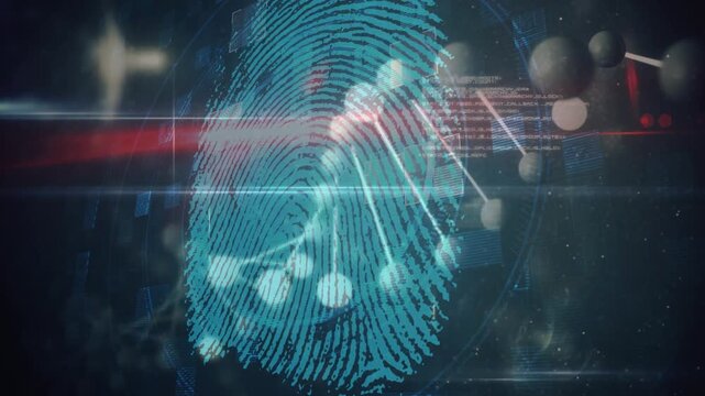 Animation of dna and fingerprint over navy background