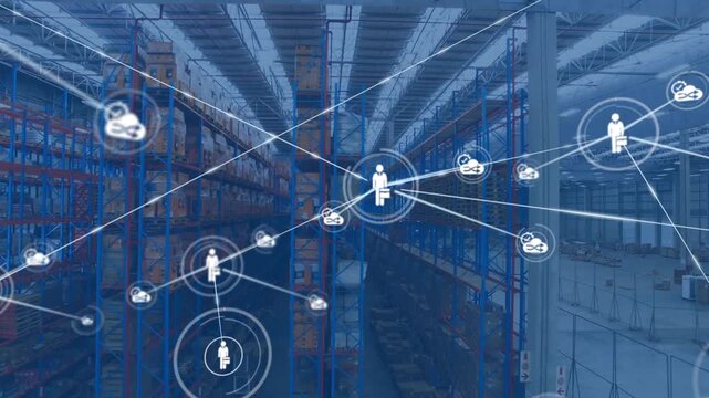 Animation of network of connections with icons over wearhouse