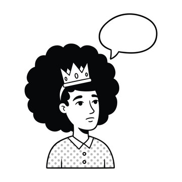 A black and white cartoon drawing of a woman with an afro and a crown, with a speech bubble over her head