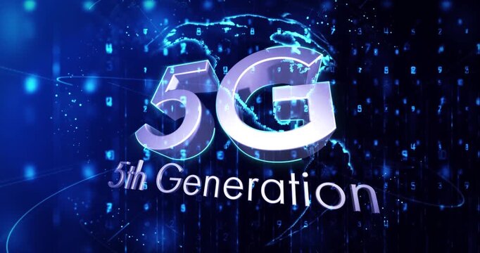Animation of 5g 5th generation over globe and navy background with numbers