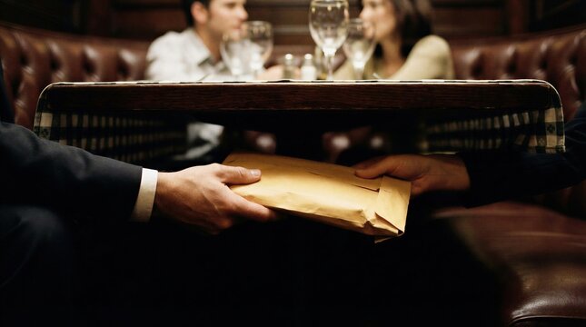 Man passing an envelope with money under a restaurant table to another man. Secret transaction for bribery and corruption. Illegal deal between business associates in a dark cafe.