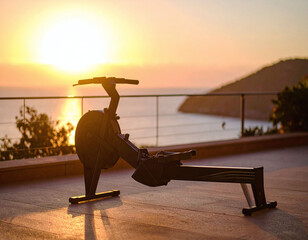 Naklejka premium Capture the essence of health with this silhouetted rowing machine at golden hour. A powerful symbol of endurance and luxury, ideal for fitness marketing and wellnessthemed projects.