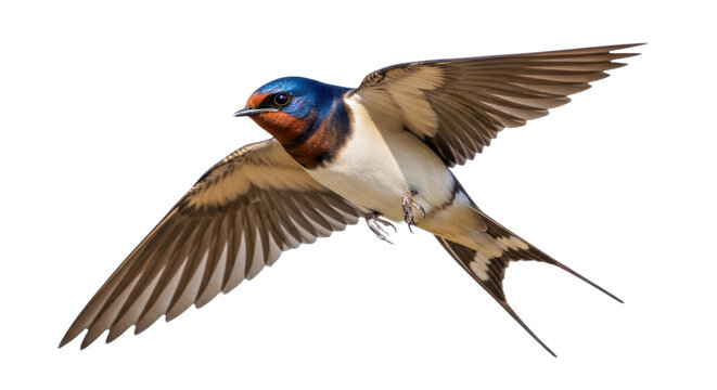 A barn swallow in flight with wings spread wide isolated on transparent background