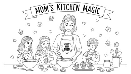 Mom's Kitchen Magic – Mother and Children Baking Together Coloring Page Vector Illustration for Mother's Day © Nayem