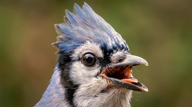 Blue jay bird close up with wide eyes expression meme style wildlife portrait