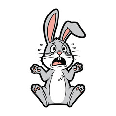 Fototapeta premium A cartoon illustration of a frightened grey rabbit with wide eyes and an open mouth, expressing shock