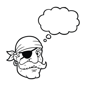 A black and white cartoon drawing of a pirate's head with an eyepatch and a thought bubble