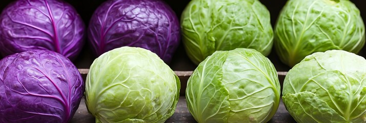 Fototapeta premium A Colorful Collection of Fresh Green and Purple Cabbages Neatly Bundled Together in Stunning Rows