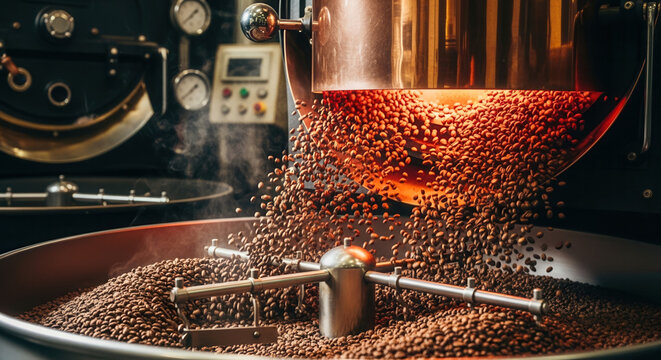 Coffee beans released from roasting chamber into metal basin with mixing rod, precision roasting and industrial coffee production