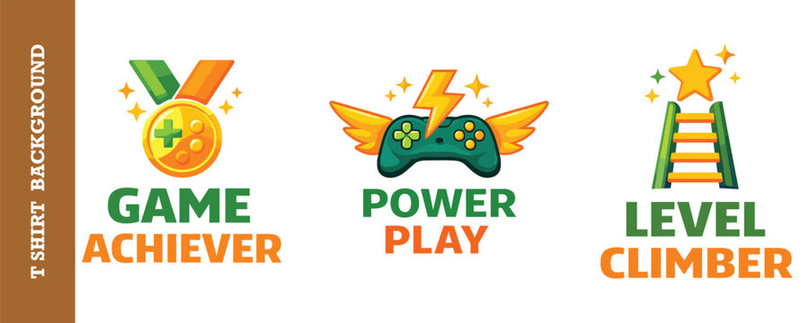 Set of three digital gaming achiever and level climber illustrations for t-shirt.