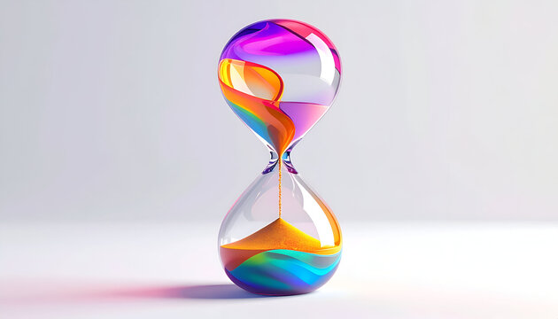 Elegant hourglass filled with vibrant rainbow liquid symbolizing time flow and transience