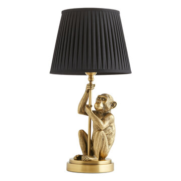 Gold brass table lamp with sculptural monkey base and black pleated shade isolated on transparent background for interior decor use