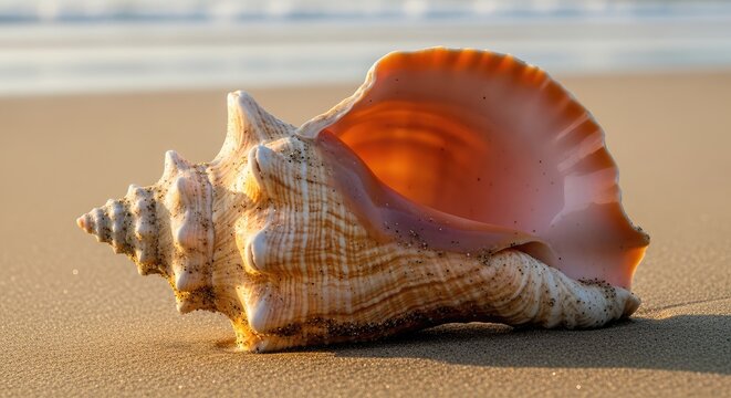 Beautiful Queen Conch Shell Resting on a Sandy Beach at Golden Hour