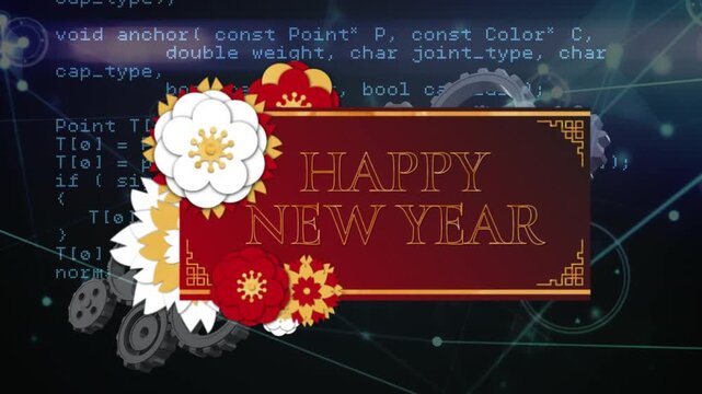 Animation of happy new year text with gears, dots connecting with lines and programming codes