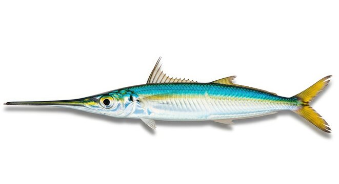 Needlefish or Garfish isolated on white background, slender silver fish with long beak and yellow fins
