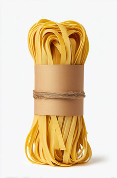 Bundle of fettuccine pasta wrapped in paper sleeve