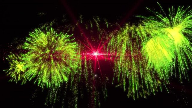 Animation of fairy lights fir trees branches over snow falling