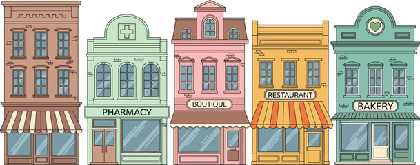 Colorful city street shops set with pharmacy boutique restaurant and bakery buildings detailed vector illustration for urban storefront design © Kharshad Creative