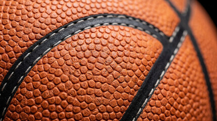 Fototapeta premium Basketball texture macro shot, orange pebbled leather surface with black seams, professional sports equipment detail, athletic background for competition
