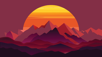 Obraz premium A vibrant digital illustration of a large golden sun setting behind a range of purple mountains