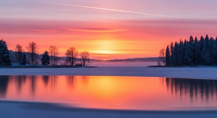 Fototapeta premium Winter Sunset over Frozen Lake with Forest Reflection