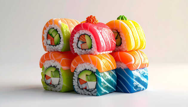 Colorful stacked sushi rolls with salmon avocado and vibrant rice paper toppings