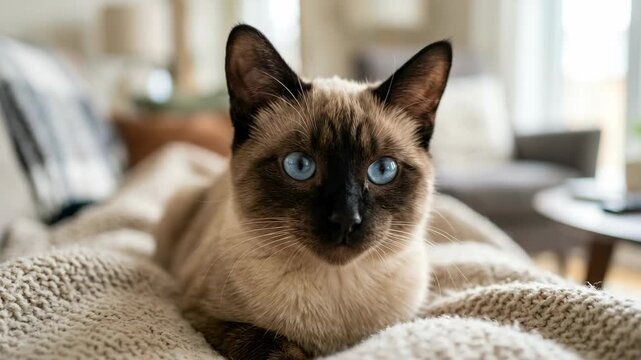 A beautiful Siamese cat with blue eyes rests on a soft beige knitted blanket inside a modern home