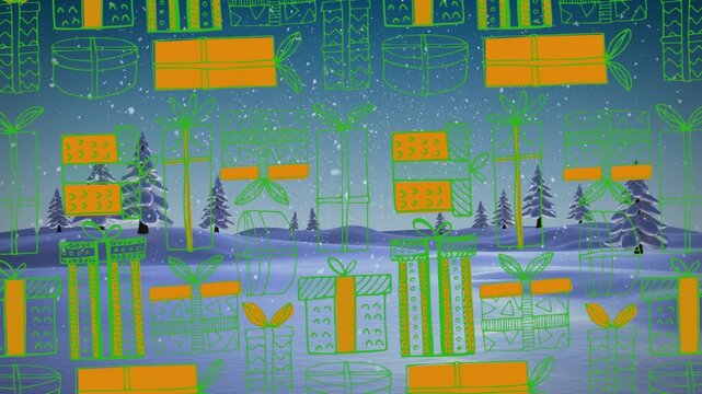 Animation of presents icons over snow falling and winter landscape