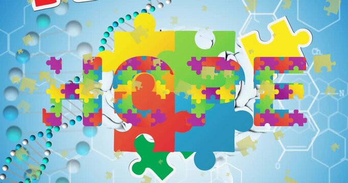 Animations of falling colorful puzzle pieces over blue background