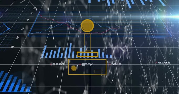 Animation of yellow game controller, connected dots moving over multiple graphs on grid pattern