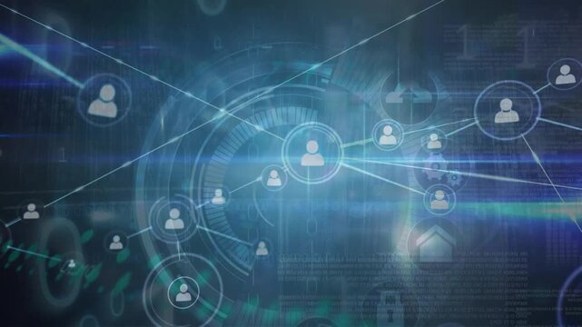 Animation of connected icons, graph, binary codes, data, circle, lens flare over abstract background