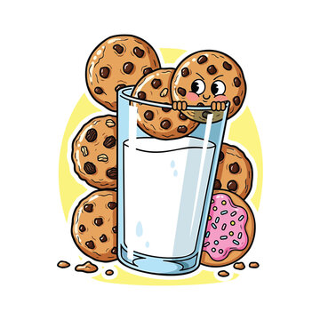 cartoon chocolate chip cookies and glass of milk